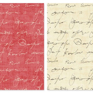 May include: Two seamless patterns with a vintage aesthetic. The patterns feature handwritten script in white on a red background and black on a cream background.