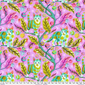 May include: A pink background with a repeating pattern of green leaves, blue and purple circles, and stylized cats with white spots. The cats are in various poses, some sitting, some standing, and some walking. The pattern is whimsical and playful.