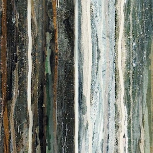 May include: Abstract painting with vertical stripes in shades of brown, green, white, and gray.