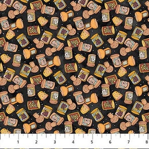 May include: A fabric with a repeating pattern of jars, lids, and what appears to be fruit or vegetables. The jars are rectangular and have various contents. The background is black, and a ruler is at the bottom.