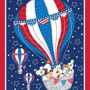 May include: A red, white, and blue hot air balloon with stars and stripes on it.  The balloon is filled with dogs and is flying over a blue background with white stars.
