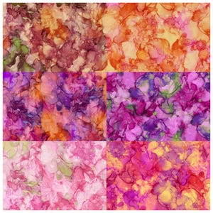 May include: Six abstract digital art prints featuring a colorful, swirling, marbled pattern in shades of pink, purple, orange, and yellow.