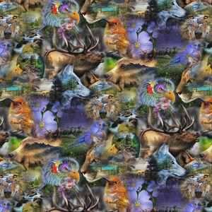 May include: A vibrant, repeating pattern featuring wildlife and nature scenes. The design includes images of birds, wolves, deer, and flowers, with landscapes incorporated into the animal outlines. The color palette is rich with blues, browns, and greens.