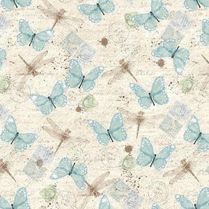 May include: A seamless pattern featuring delicate blue butterflies and dragonfly silhouettes on a cream background with a vintage, handwritten script.