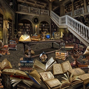 May include: A large, ornate library with bookshelves filled with books. There are several stacks of books on the floor, as well as a table with a book open on it. The table is decorated with a variety of objects, including a globe, a candle, and an hourglass. The library is lit by a large window and a chandelier.