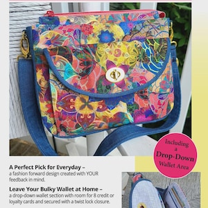May include: The Katalina shoulder bag, 10.5" wide x 8.5" tall x 2.5", features a colorful floral pattern with a blue denim strap and accents. Includes a drop-down wallet area. The bag has a twist lock closure and an optional grommet.