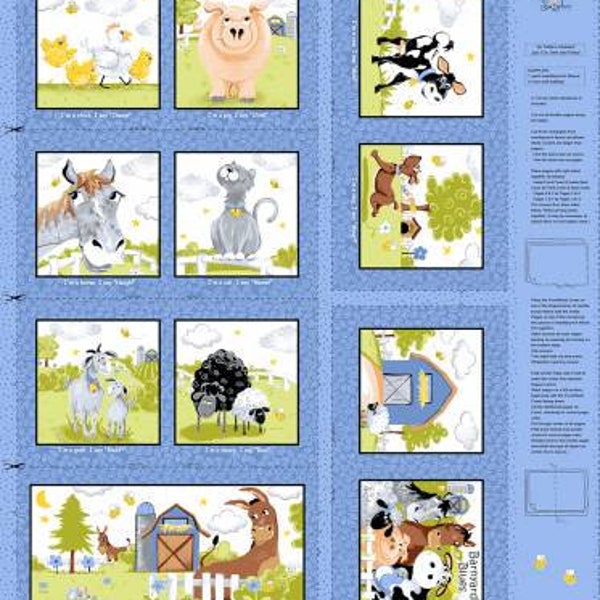 Denim Barnyard Blues Storybook Panel Cotton Fabric, by Susybee, farm animal neutral baby nursery room decor panel fabric BTY by the yard