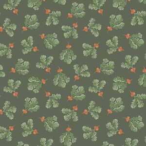 May include: A repeating pattern of watercolor radishes with green leaves and orange roots on a muted green background. The radishes are evenly spaced, creating a seamless design suitable for fabric or wallpaper.