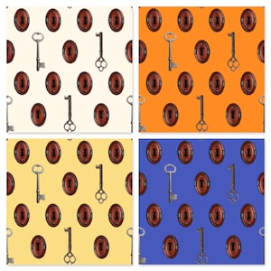 May include: Four seamless patterns featuring a vintage key and keyhole design. The patterns are on a white, orange, yellow, and blue background.