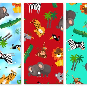 May include: Three different fabric patterns featuring a variety of jungle animals, including elephants, zebras, tigers, monkeys, and crocodiles. The patterns are on a blue, red, and turquoise background.