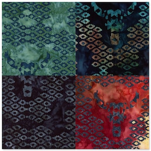 May include: A square textile design featuring four quadrants with abstract patterns. Each quadrant displays a different color palette, including shades of green, blue, and red. The design incorporates geometric shapes and a central bull-like figure.