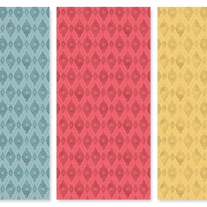 May include: Three patterned fabric swatches in different colors. The first swatch is a light blue with a geometric pattern. The second swatch is a bright red with a geometric pattern. The third swatch is a light yellow with a geometric pattern.