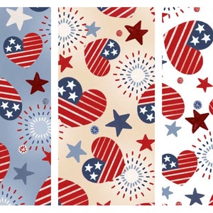 May include: Three seamless patterns featuring red, white, and blue hearts with stars and fireworks. The patterns are on a blue, beige, and white background.