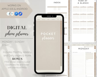 Digital Pocket Planner - Beige Minimal Modern Aesthetic, iPhone & Android Planner, GoodNotes Notability Xodo PDF Planner and Bonus Stickers
