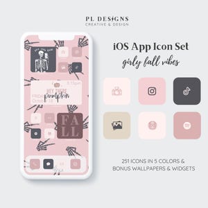 May include: A set of 251 iOS app icons in five colors, including pink, brown, and black. The icons feature a variety of popular apps, such as Instagram, TikTok, and Spotify. The icons are designed with a girly fall vibe and include bonus wallpapers and widgets.