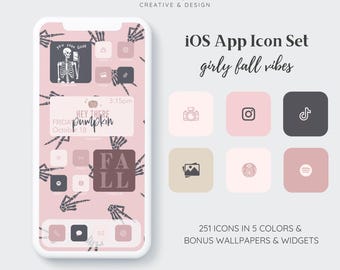 Könnte beinhalten: Ein Set mit 251 iOS-App-Icons in fünf Farben, darunter Pink, Braun und Schwarz. Die Icons zeigen eine Vielzahl beliebter Apps wie Instagram, TikTok und Spotify. Die Icons sind im girly-Herbst-Stil gestaltet und beinhalten Bonus-Hintergrundbilder und Widgets.