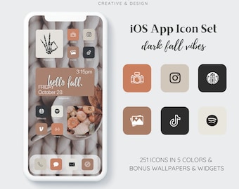 iOS App Icon Set - Dark Fall Vibes | iPhone Icon Set | Icons with Bonus Wallpapers & Widgets | Minimalist Black Fall Color Palette