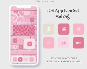 iOS App Icon Set - Girly Pink Only | iPhone Icon Set | Icons Bonus Wallpapers & Widgets, Minimalist Pink Only Color Palette, girly girl icon