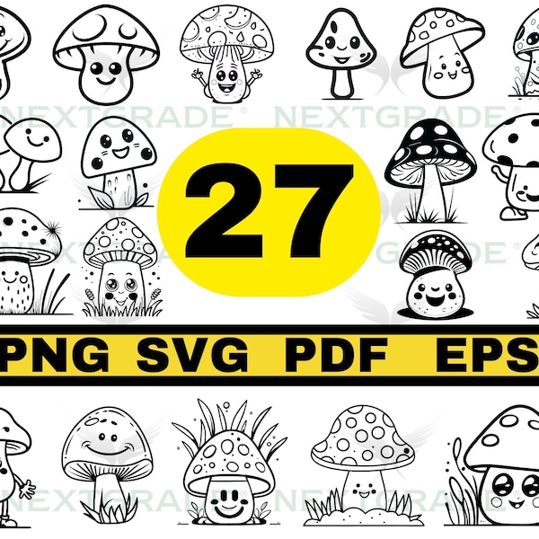 MUSHROOM Art BUNDLE Of 27 - Cute Face Mushroom Png, Eps, Pdf, Svg Files  - Free Commercial Use - Instant Download