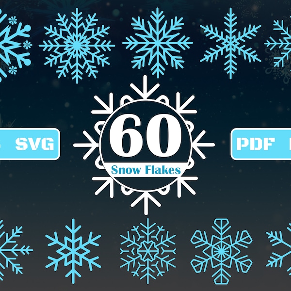 Snowflakes Svg Bundle of 60 | Snowflakes Clipart | Christmas Svg Png Snowflakes Art Black Blue & White - Free Commercial Use