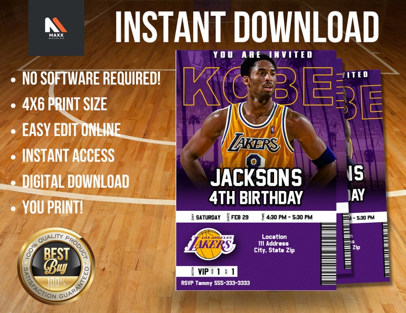 LA Lakers Kobe Bryant NBA Birthday Party Ticket Invitation Etsy