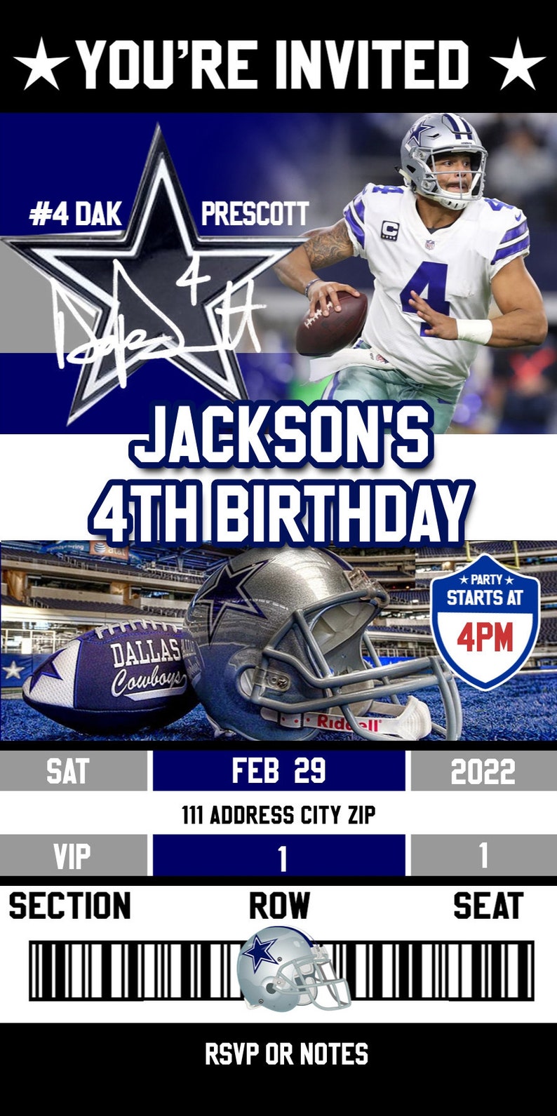 Dak Prescott Dallas Cowboy Birthday Party Ticket Invitation Etsy