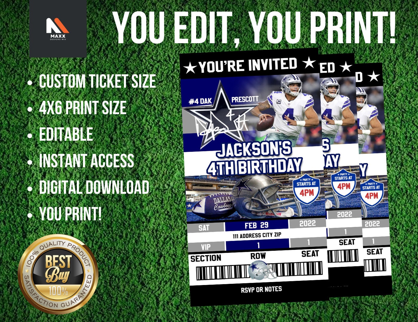 Dak Prescott Dallas Cowboy Birthday Party Ticket Invitation 