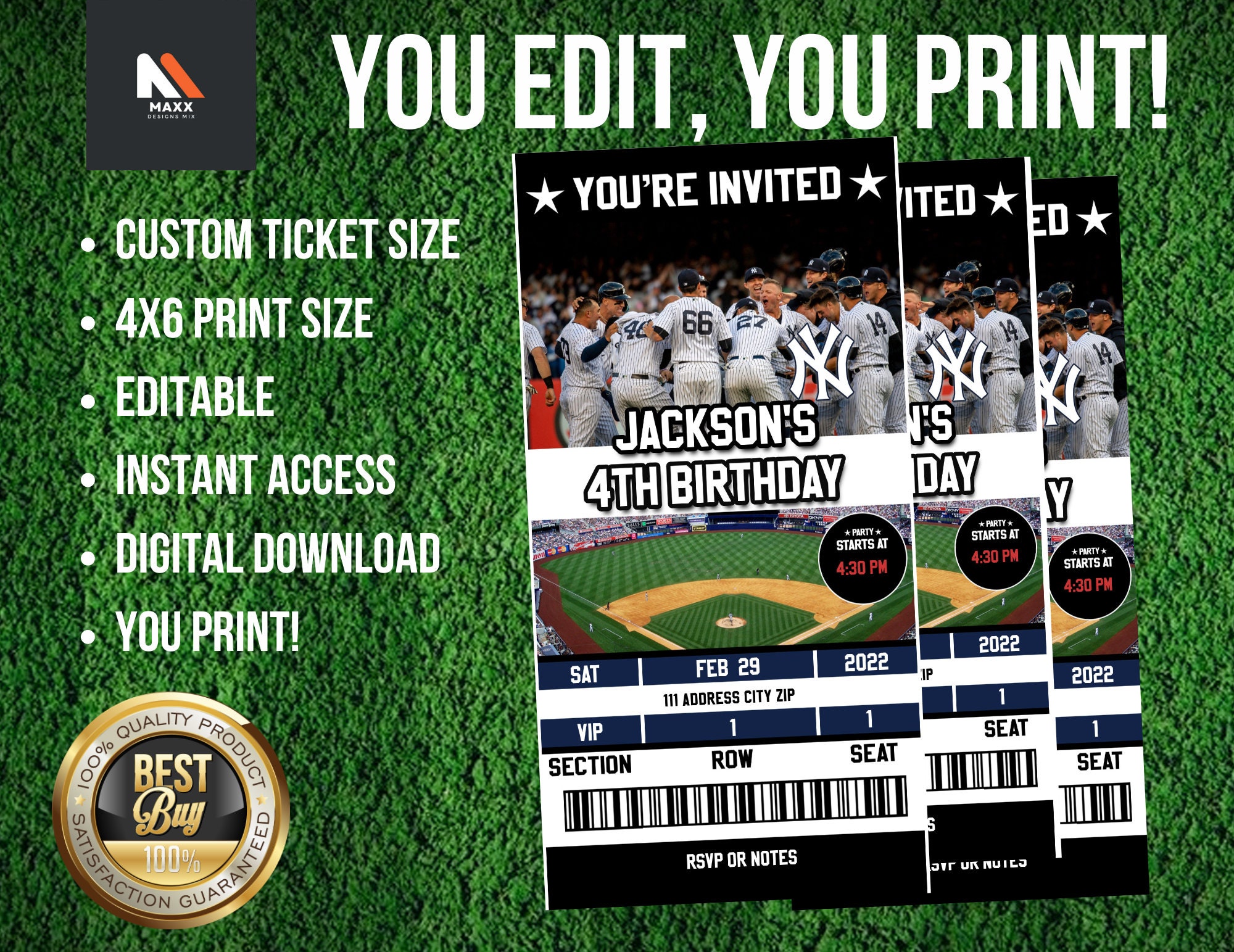 New York Yankees MLB Birthday Party Ticket Invitation Edit