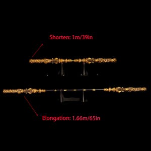 May include: Two gold-colored staffs with intricate details, one is 39 inches long and the other is 65 inches long. The text "Shorten: 1m/39in" and "Elongation: 1.66m/65in" is visible in the image.