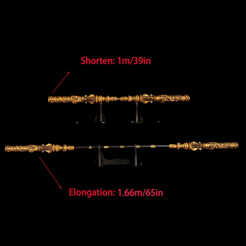 May include: Two gold-colored staffs with intricate details, one is 39 inches long and the other is 65 inches long. The text "Shorten: 1m/39in" and "Elongation: 1.66m/65in" is visible in the image.