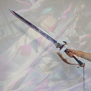 May include: A decorative sword with a purple blade and ornate handle. The handle is white with gold and black accents. The sword has a curved guard and a decorative design along the blade. The background features a blurred illustration.