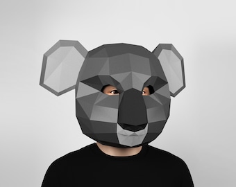 Koala papercraft mask, DIY, party and Halloween mask template, Low poly 3d mask, Cosplay mask
