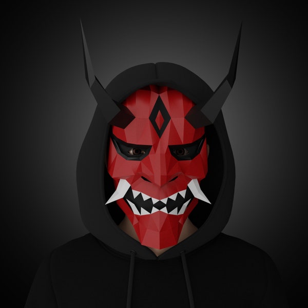 Masque Oni démon papercraft, modèle de masque numérique bricolage, fête et Halloween, masque 3d Low poly, masque Cosplay