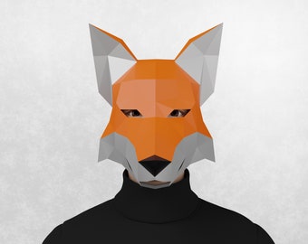 Fox papercraft FACE mask, DIY  mask template, Low poly 3d mask, cosplay mask, Halloween mask