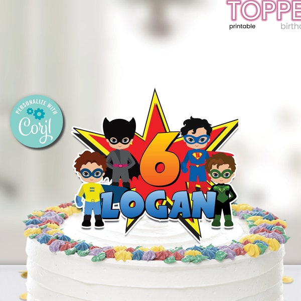 Superhero Printable Personalized Cake Topper Boy Birthday Party Birthday Cake topper Editable Corjl Template SH001