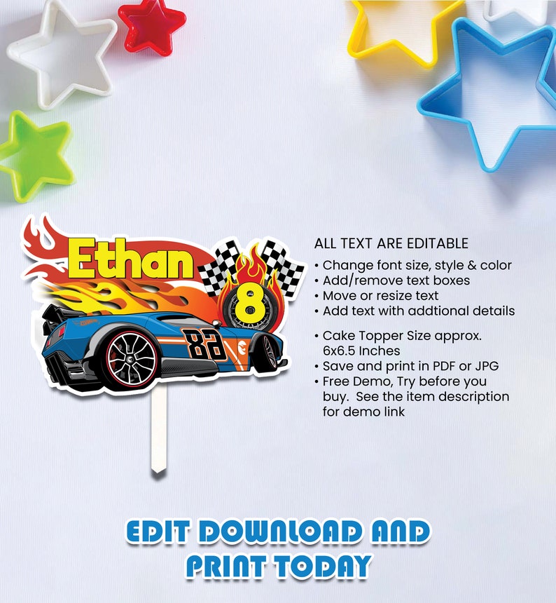 Printables Race Car Cake Topper Printable Editable Corjl Etsy