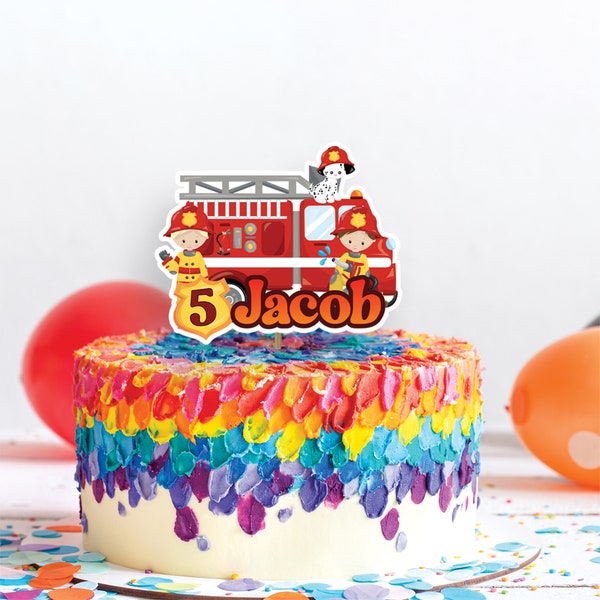 Printable Fireman Cake Topper | Firefighter Cake Toppers | Printable Fire Truck Cake Topper | Birthday Decorations Corjl Template F0001