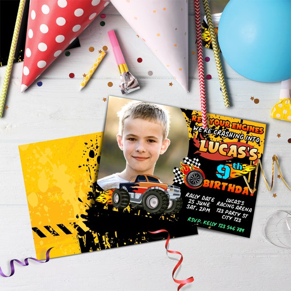Monstertruck-Einladung mit Foto | Geburtstagseinladung | Druckbare Corjl Vorlage MT001