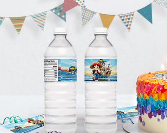 Afdrukbaar piraatwaterfleslabel | Anime piraat partij gunst | Piratenteam themafeest | Bewerkbare Corjl-sjabloon PI01