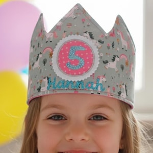 Unicorn birthday crown fabric customizable – children&#39;s crown with name & number buttons, handmade party crown made of cotton