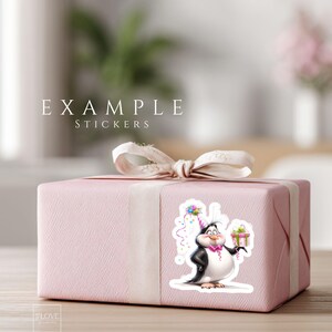 Cute birthday penguin clipart sticker on gift box, funny cartoon animal illustration for birthday cards, party decor, scrapbooking and DIY projects
