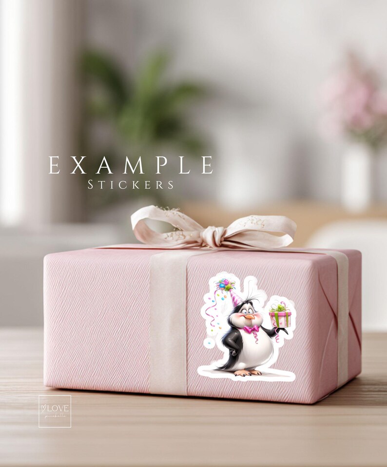 Cute birthday penguin clipart sticker on gift box, funny cartoon animal illustration for birthday cards, party decor, scrapbooking and DIY projects
