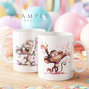 Birthday mug mockup showing cute watercolor animals from the Birthday Cuties clipart bundle, playful monkey and party cat with birthday cake and confetti printed on white mugs, example use of birthday animal clipart for mugs, gifts and kids party designs