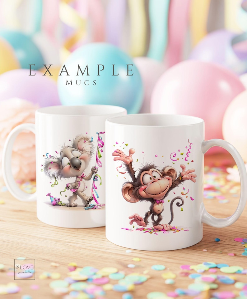 Birthday mug mockup showing cute watercolor animals from the Birthday Cuties clipart bundle, playful monkey and party cat with birthday cake and confetti printed on white mugs, example use of birthday animal clipart for mugs, gifts and kids party designs