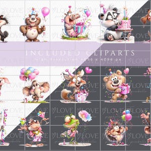Birthday Cuties animal clipart bundle preview showing included watercolor birthday animals in high resolution PNG format, cute party animals with balloons, cakes and gifts, overview of all included birthday cliparts