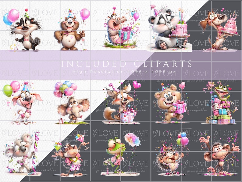 Birthday Cuties animal clipart bundle preview showing included watercolor birthday animals in high resolution PNG format, cute party animals with balloons, cakes and gifts, overview of all included birthday cliparts