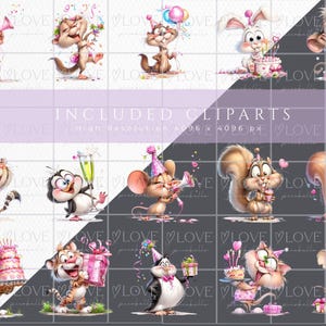 Birthday Cuties clipart bundle animal selection showing multiple cute watercolor birthday characters, party animals with balloons, cakes and confetti, high resolution PNG birthday clipart collection overview