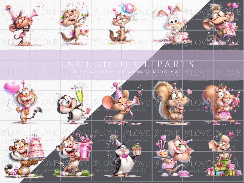 Birthday Cuties clipart bundle animal selection showing multiple cute watercolor birthday characters, party animals with balloons, cakes and confetti, high resolution PNG birthday clipart collection overview