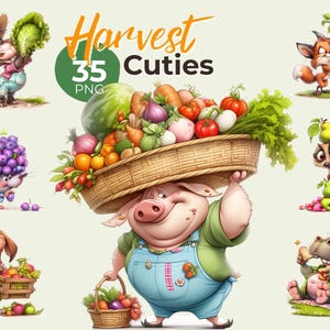 Könnte beinhalten: Eine digitale Illustration mit Cartoon-Tieren, die Obst und Gemüse ernten. Ein Schwein trägt einen Korb mit Produkten, während andere Tiere wie ein Fuchs, ein Esel und eine Maus Nahrung sammeln. Der Text "Harvest Cuties 35 PNG" ist enthalten.