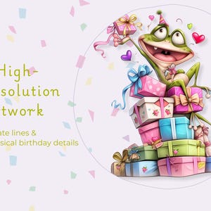 High resolution birthday artwork featuring a cute watercolor frog sitting on stacked gift boxes, detailed whimsical birthday illustration from the Birthday Cuties animal clipart bundle, fine lines and festive party details